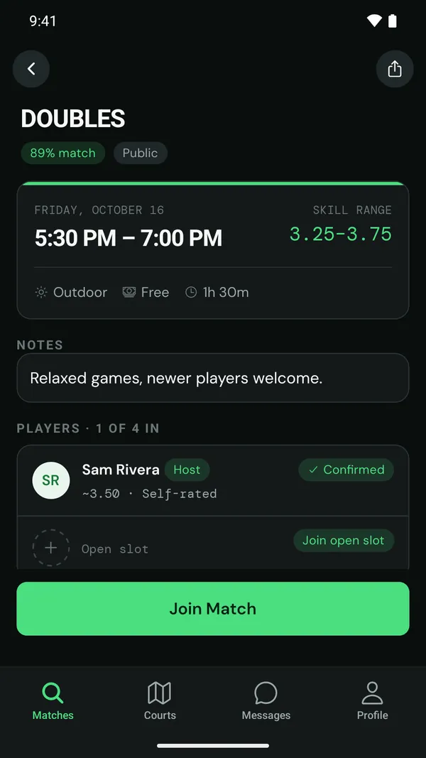 A doubles game: Friday 5:30 to 7:00 PM, skill range 3.25 to 3.75, outdoor, free, one of four players in