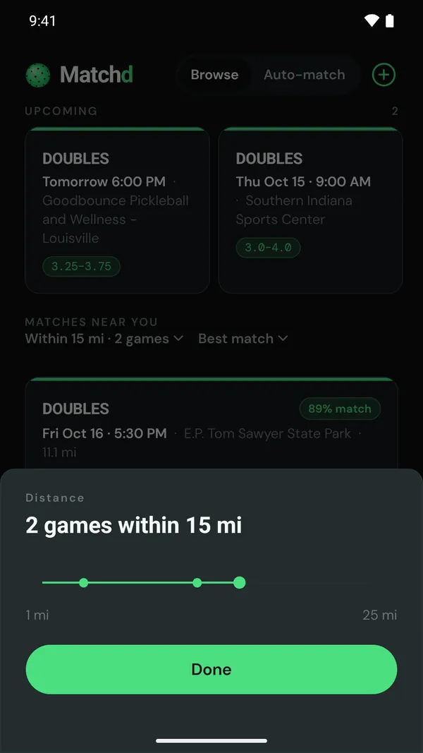 Distance slider set to 15 miles, showing 2 games in range
